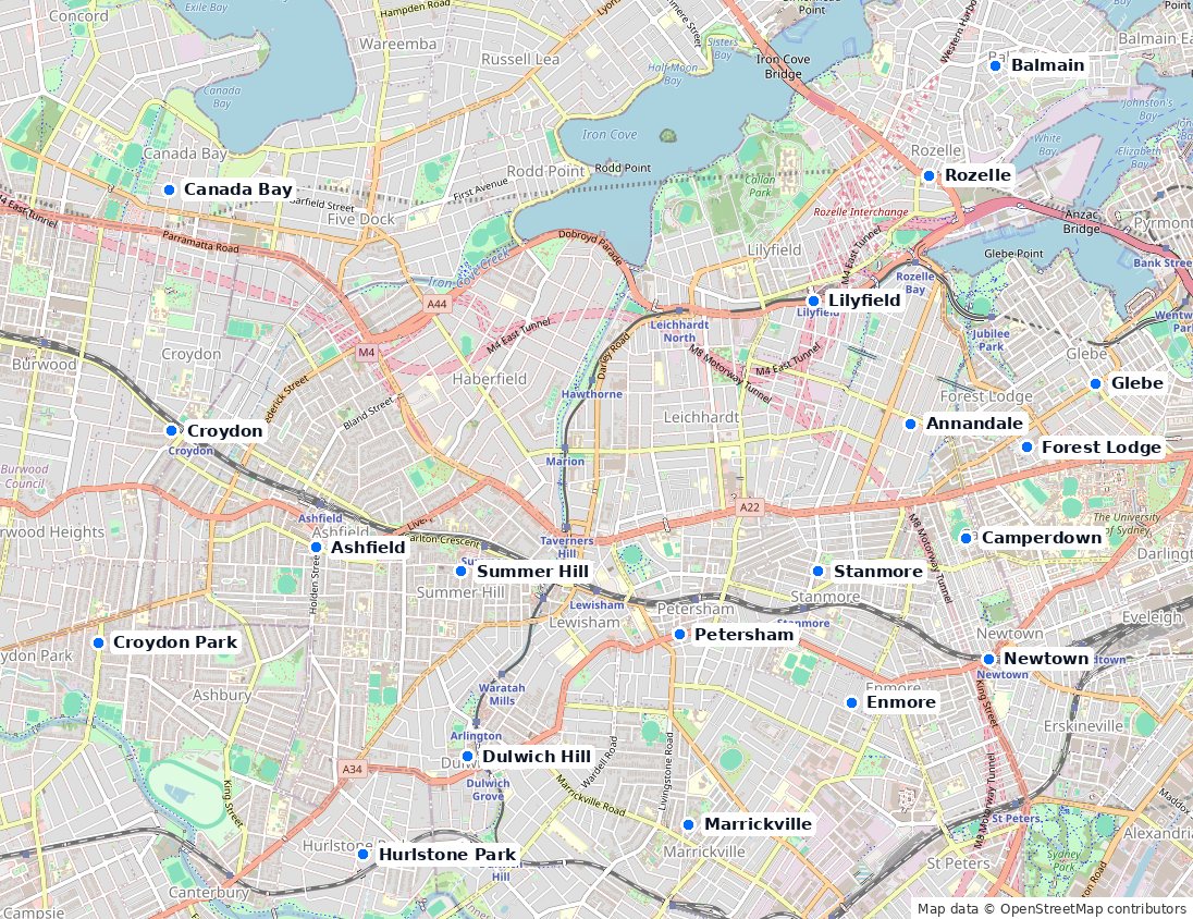 Map of the Inner West suburbs with their own page on this site