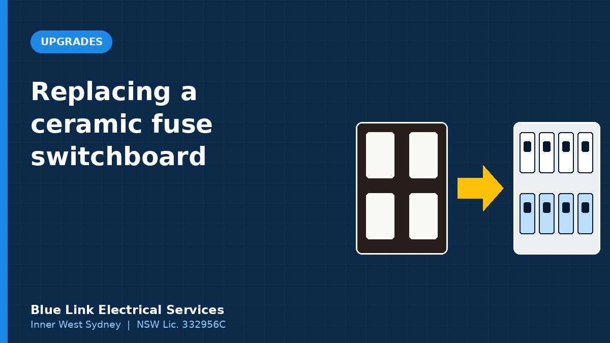 Diagram comparing an old ceramic fuse board with a new switchboard with circuit breakers and safety switches
