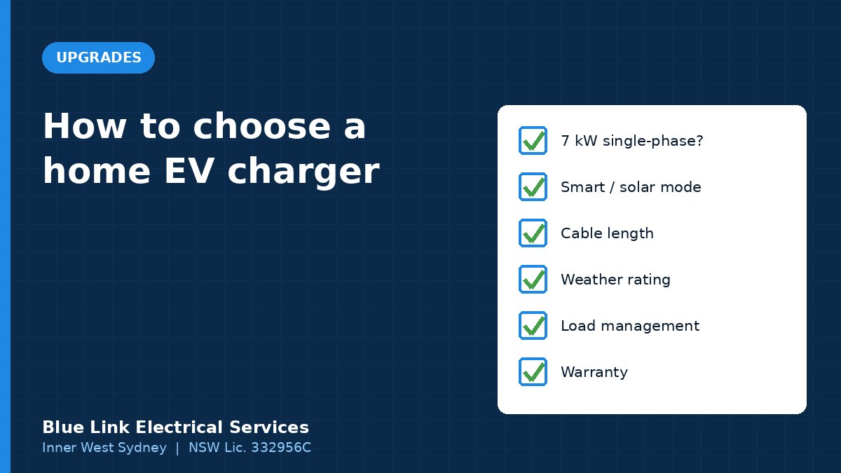 Checklist graphic of features to compare when choosing a home EV charger
