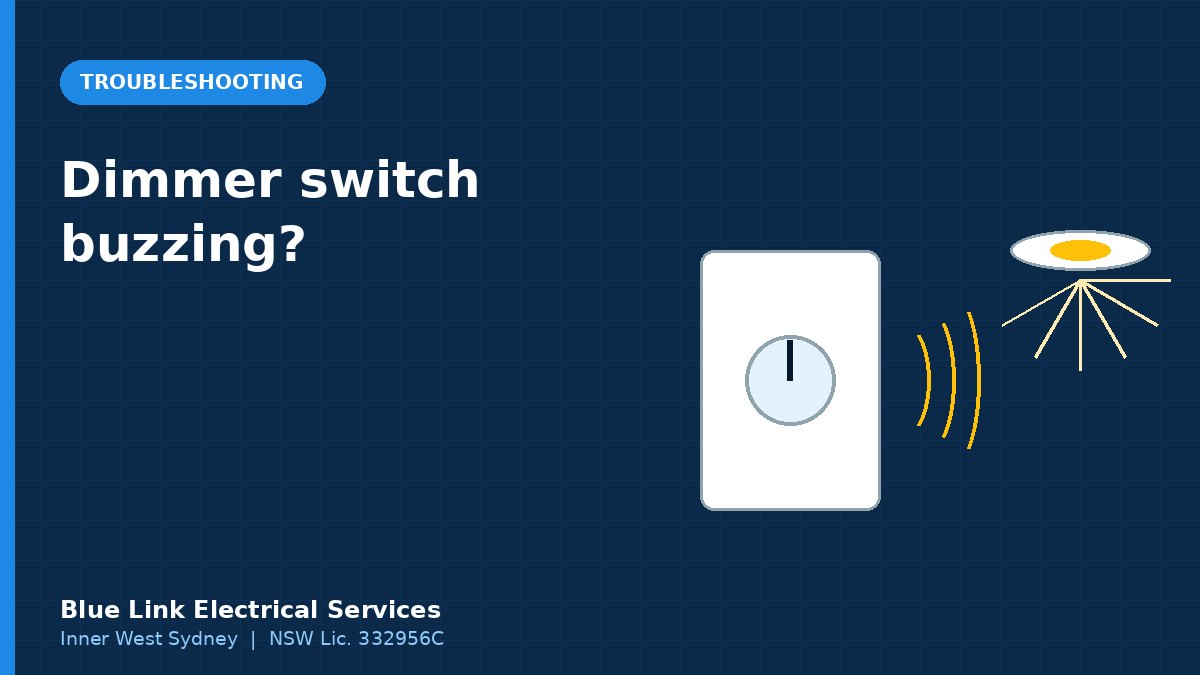 Illustration of a wall dimmer switch with sound waves next to a flickering LED downlight