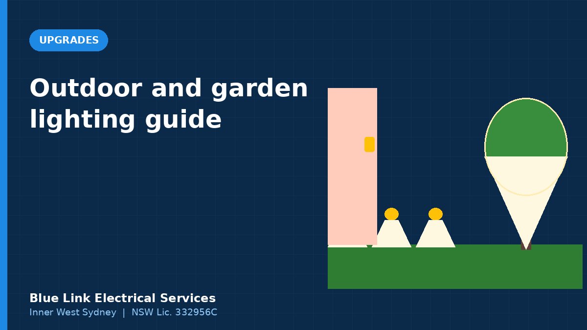 Illustration of a courtyard garden lit with path lights, wall lights and a spotlight on a tree