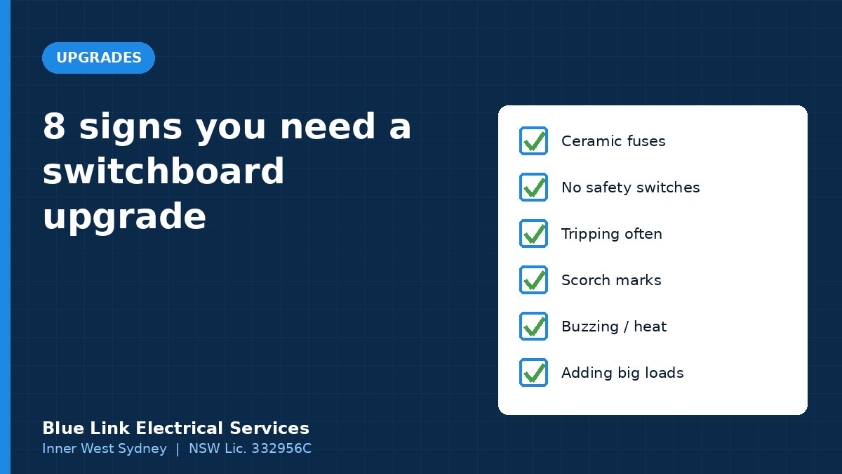 Checklist graphic of switchboard warning signs such as ceramic fuses and no safety switches