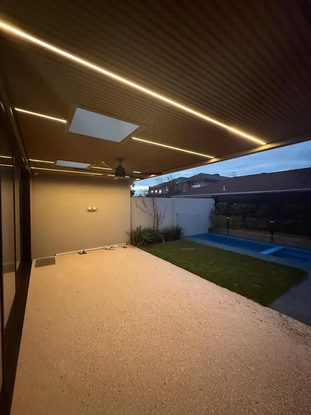 LED strip lights running along a timber alfresco ceiling