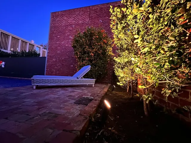Garden spotlights lighting plants beside a brick wall at dusk