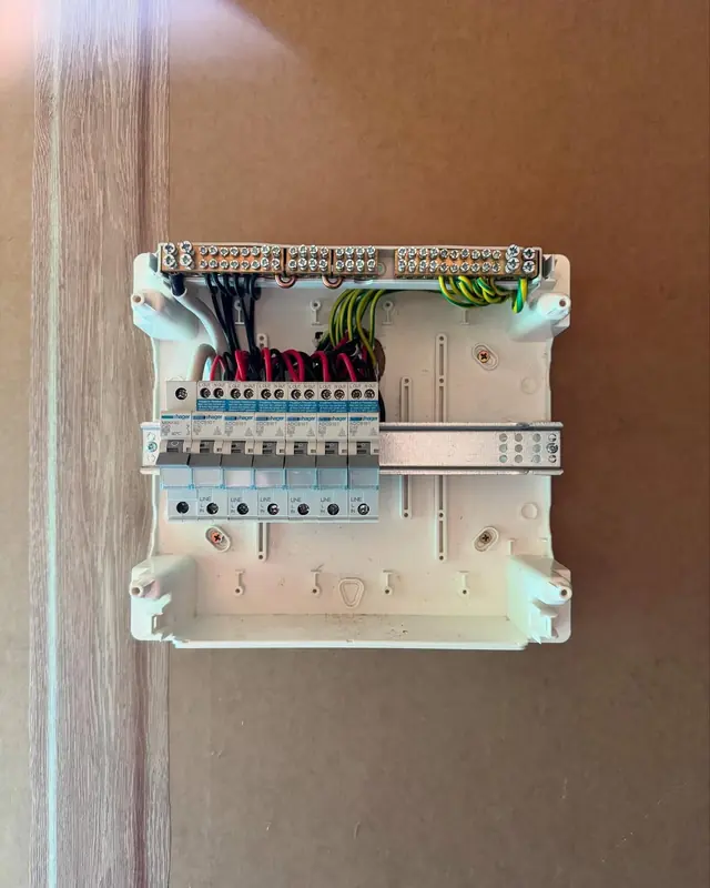 New compact switchboard with circuit breakers and RCBOs before the cover is fitted